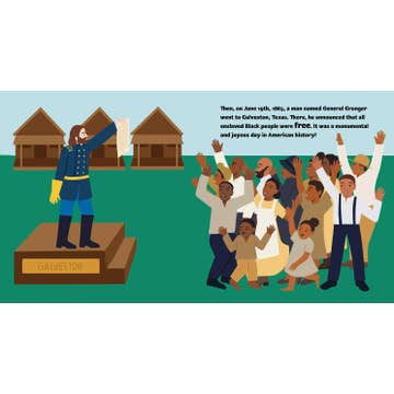 Illustration of a man standing on a pedestal with people celebrating, set against a blue sky with white clouds.
