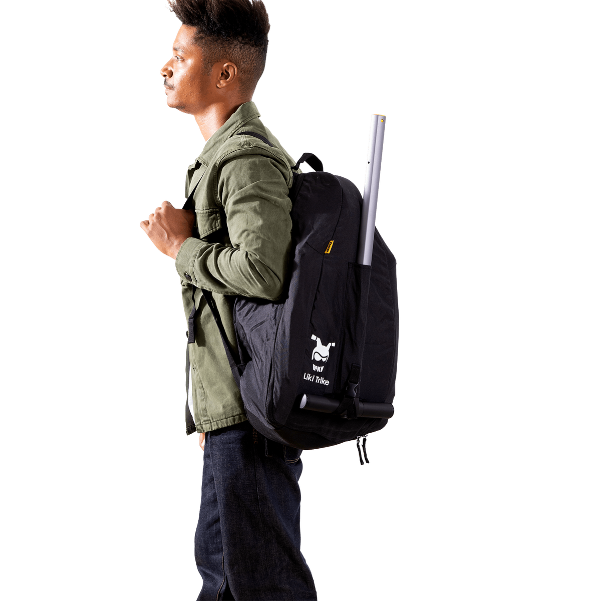 Person wearing a black backpack with a visible brand logo on a white background