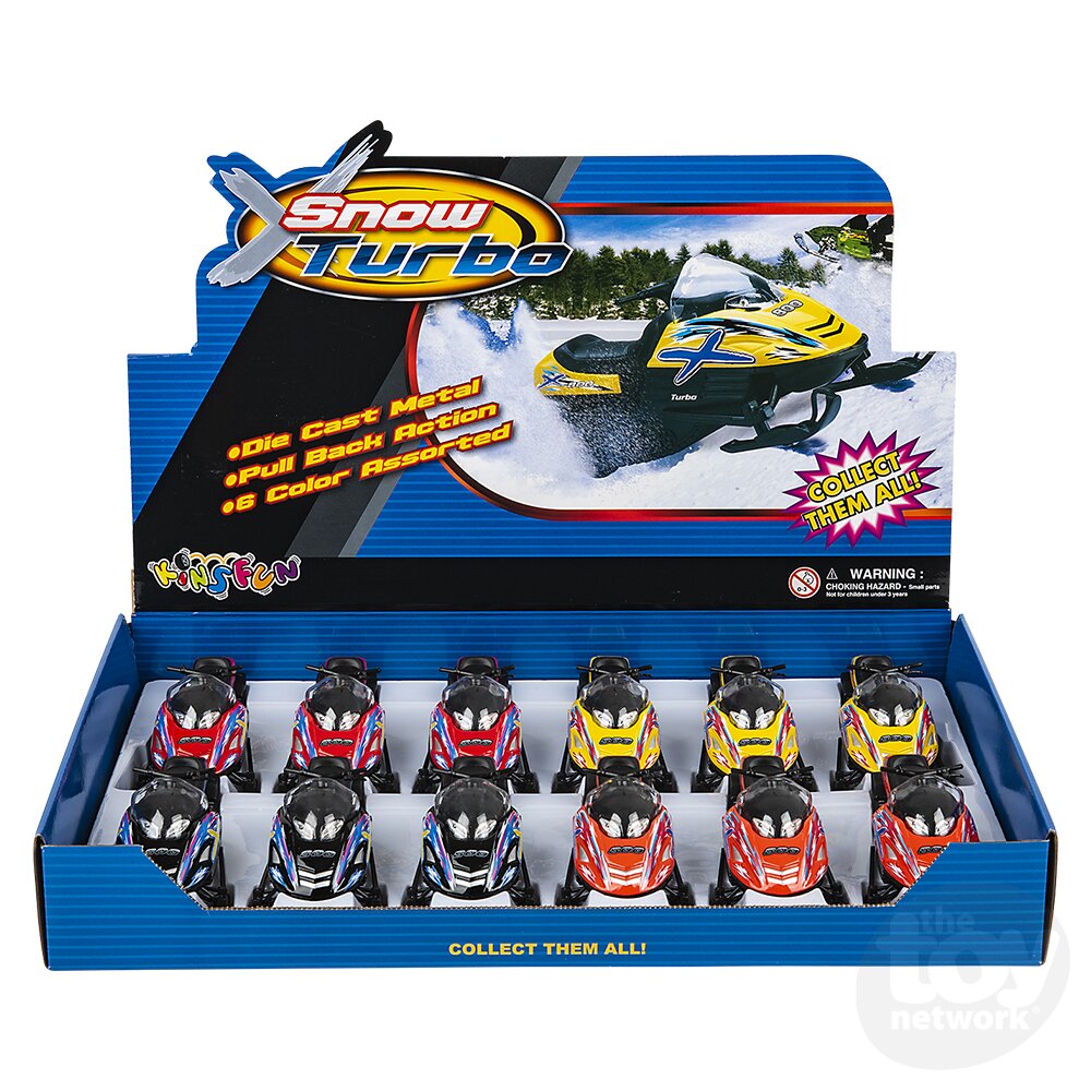 Display box of Snow Turbo toy snowmobiles with colorful packaging.