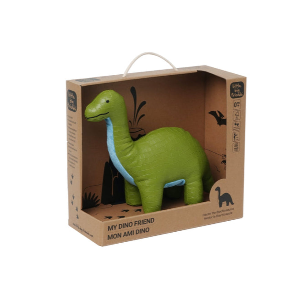 Green dinosaur toy in a cardboard box with 'My Dino Friend' text on a white background