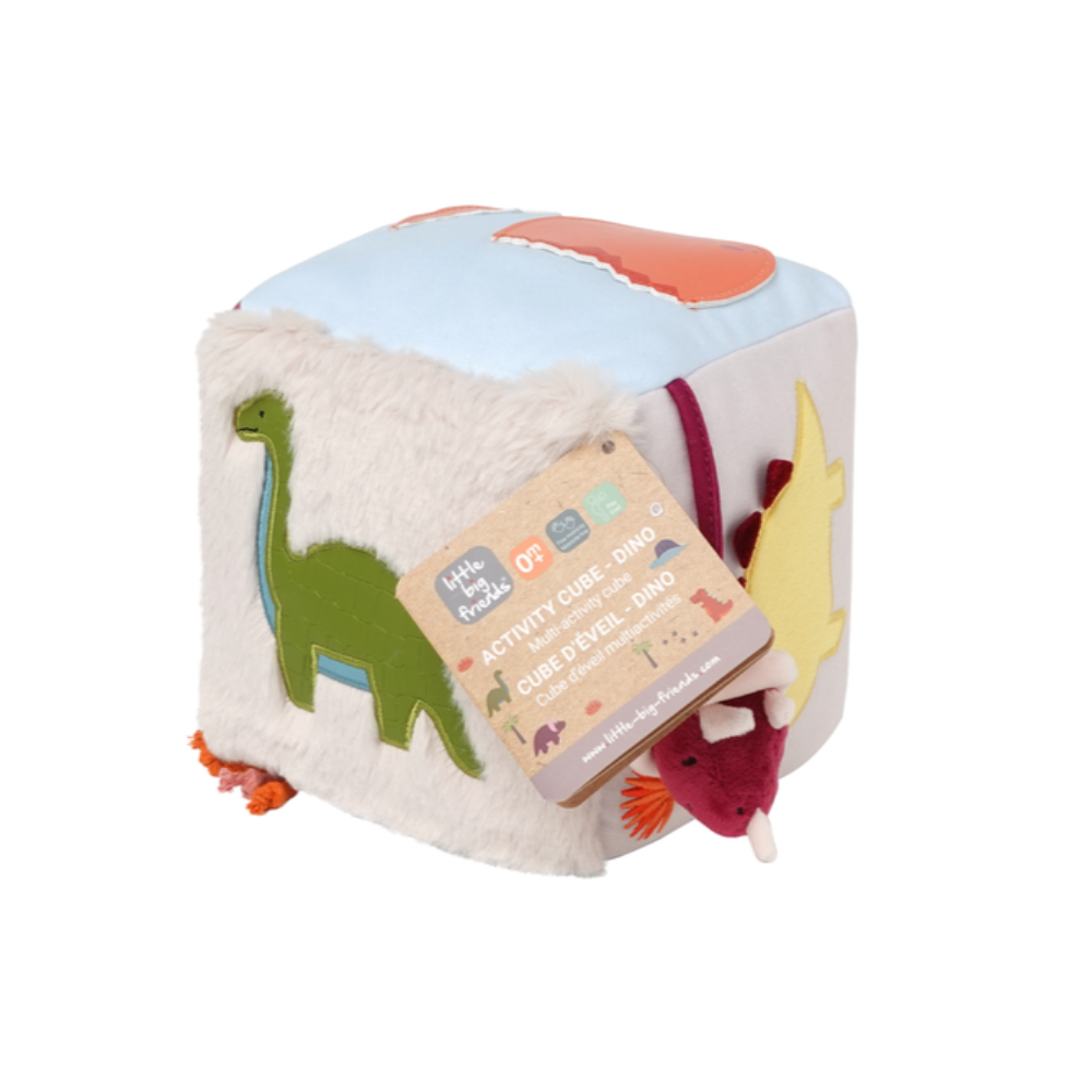 Children's activity cube with dinosaur designs on a white background