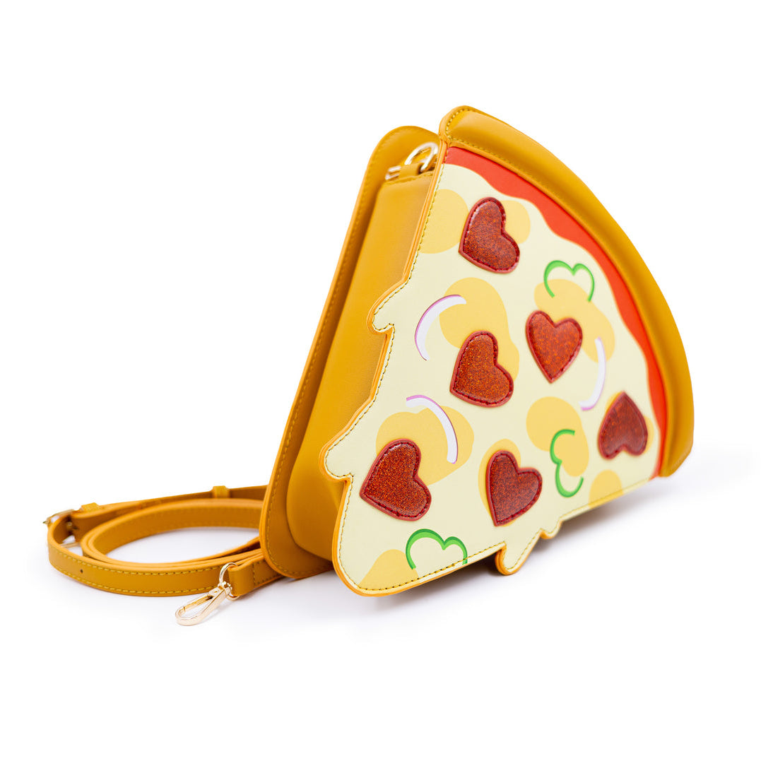 Pizza-shaped crossbody bag with heart toppings on a white background
