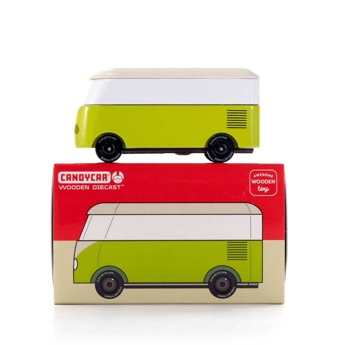 Toy van on top of its packaging box with 'Candycar' branding.