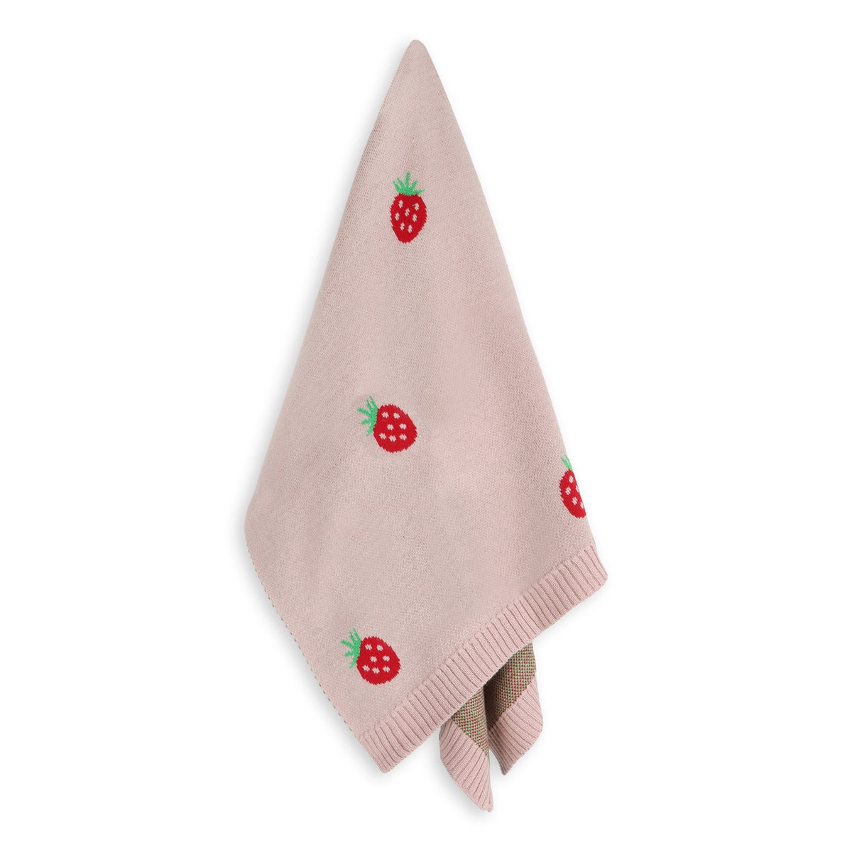 Pink knitted blanket with strawberry patterns on a white background