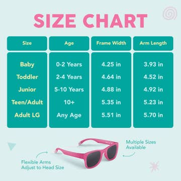 A size chart graphic for children's sunglasses showing measurements for Baby, Toddler, Junior, Teen/Adult, and Adult LG sizes, with pink sunglasses pictured at the bottom.