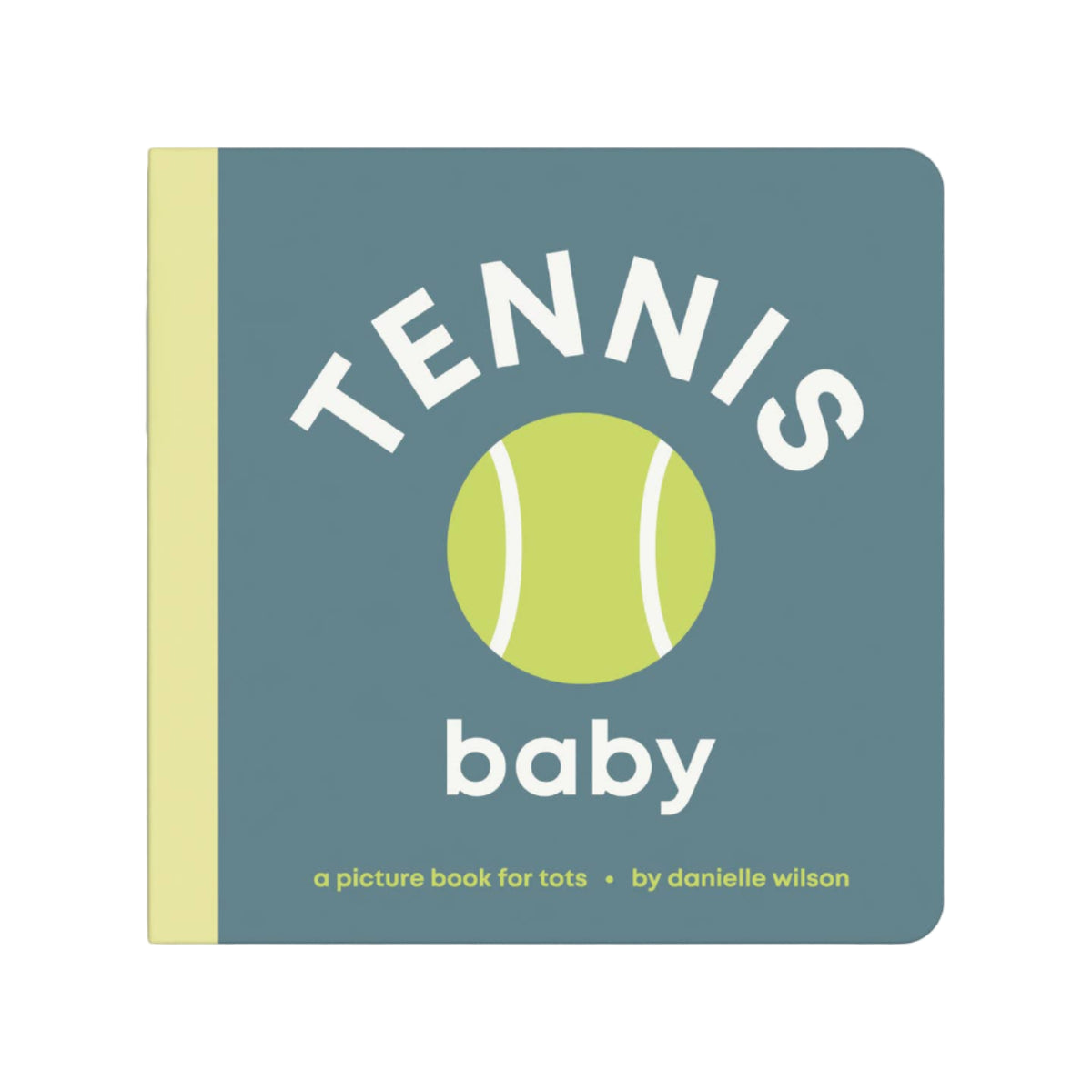 Book titled 'Tennis Baby' with a tennis ball graphic on a blue background