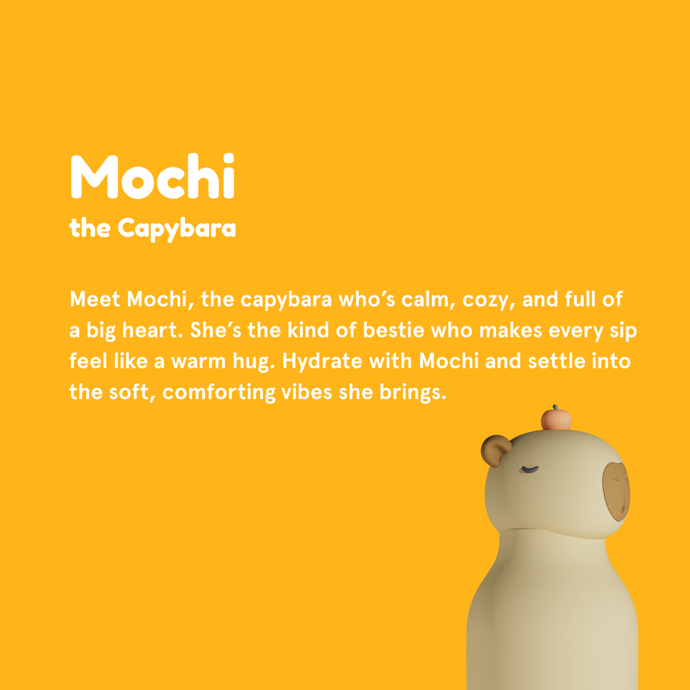 Mochi the Capybara on a yellow background with text about her character.