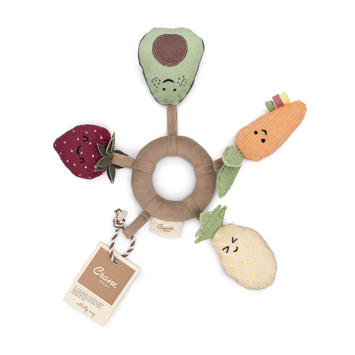 Baby teething ring with plush avocado, strawberry, and carrot toys on a white background