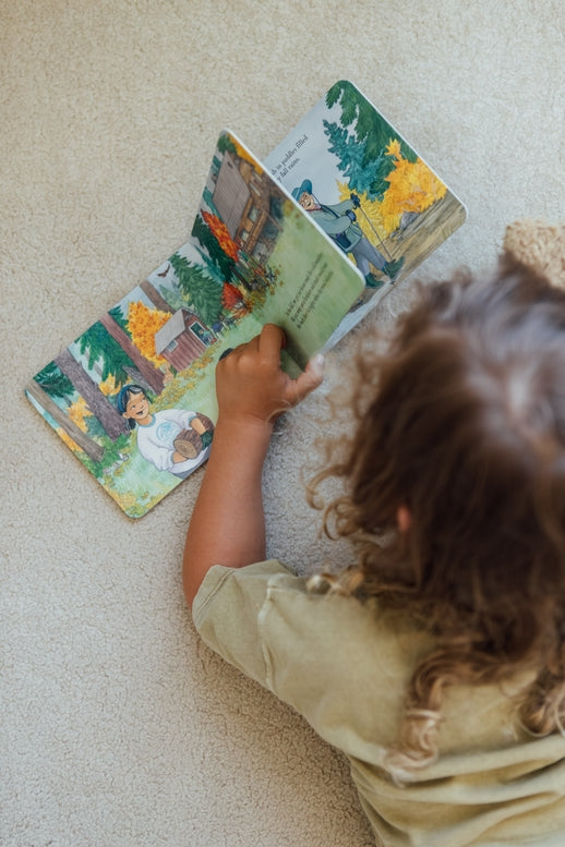 A children's board book cover titled When Fall Comes by Amée Bissonette, illustrated by Erin Hourigan. The illustration depicts a family walking with a dog across stepping stones in a shallow stream surrounded by autumn trees and a small waterfall, with a deer visible in the background.