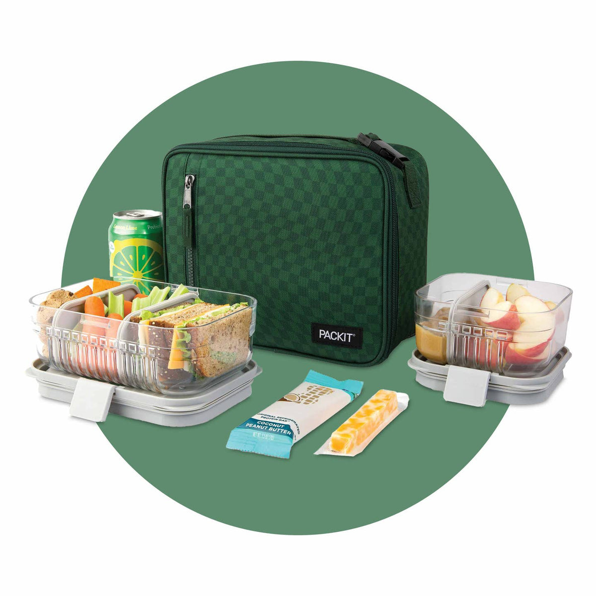 Green checkered lunch bag with food containers and snacks on a green background