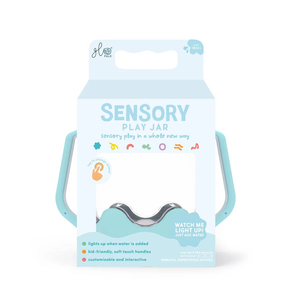 The H2 Play Sensory Play Jar in its retail packaging, featuring a light blue and white box with a clear window showing the light-up water-filled jar inside.