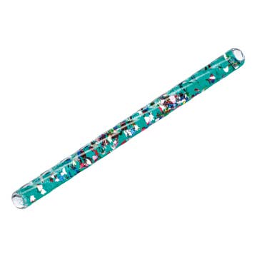 Teal pen with character design on a white background