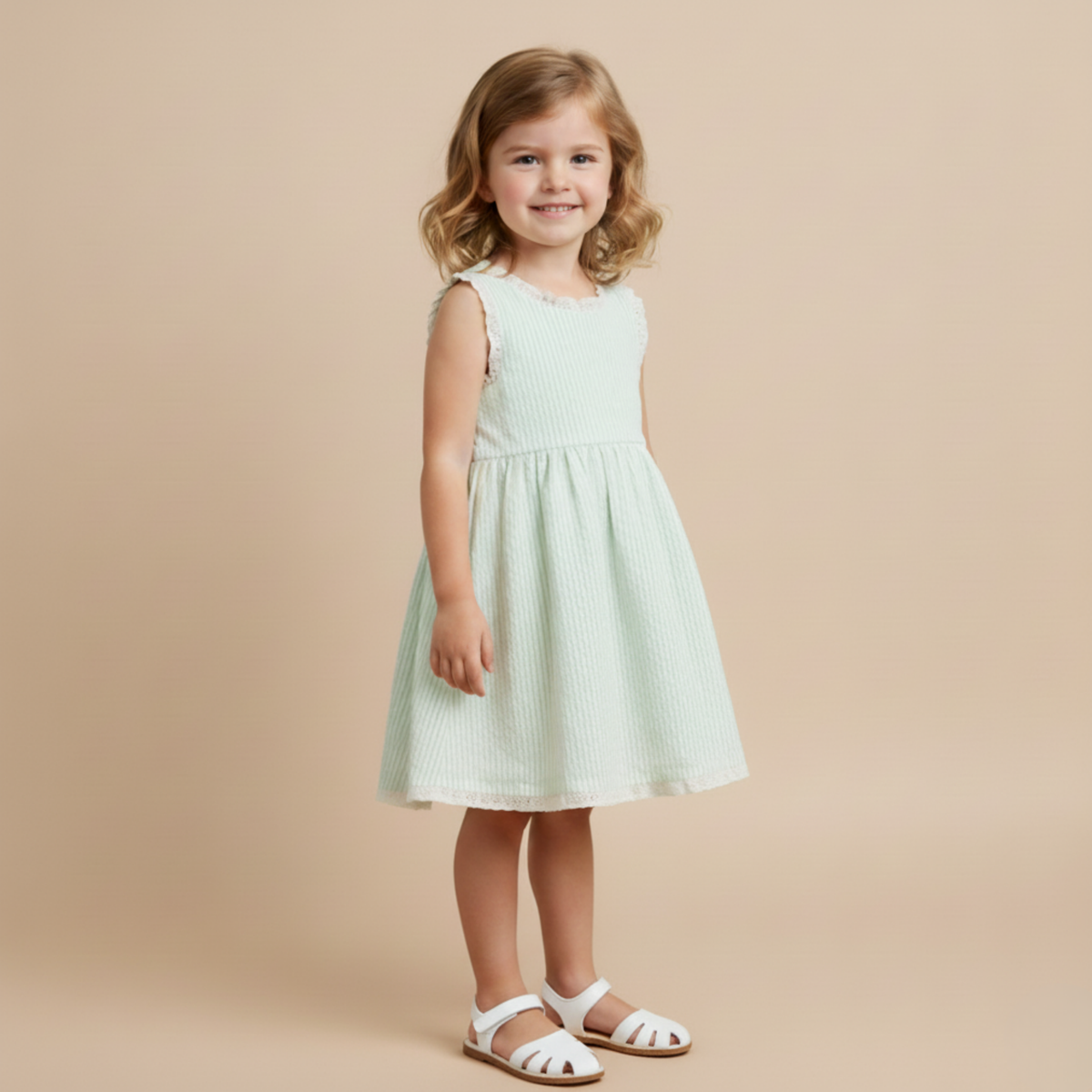Young girl wearing a light green dress against a beige background