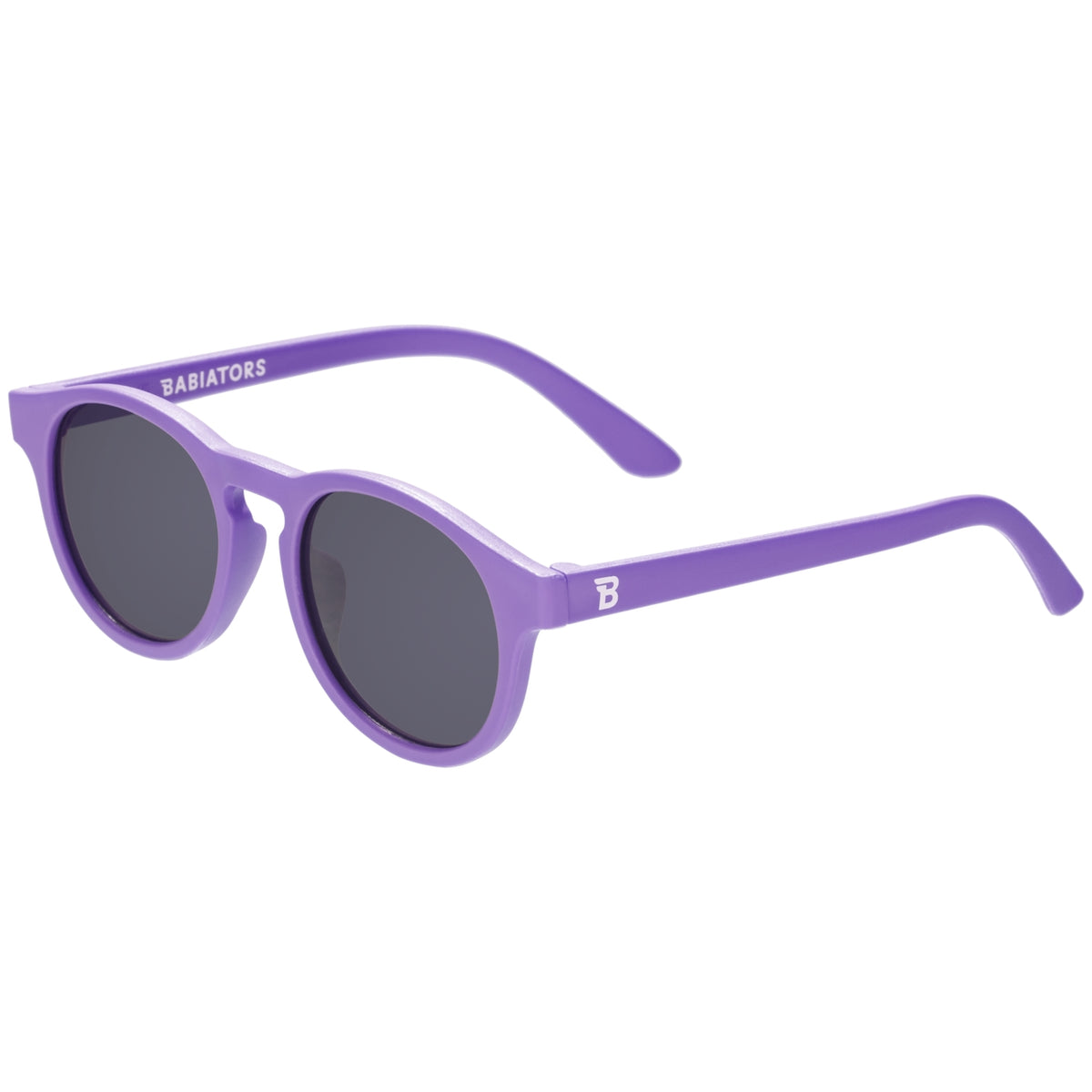 Purple sunglasses with dark lenses on a white background