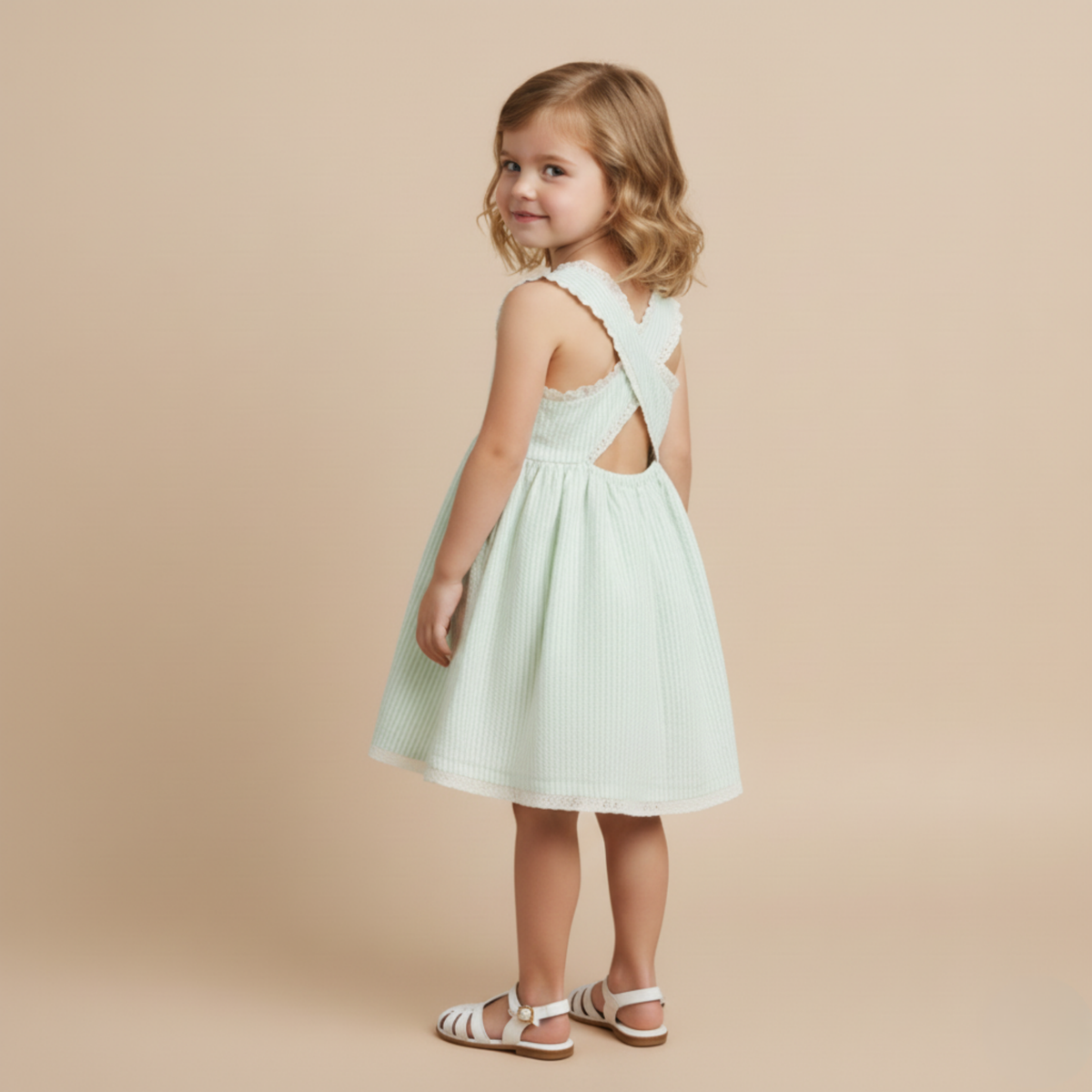 Young girl wearing a light green dress with cut-out back on a beige background