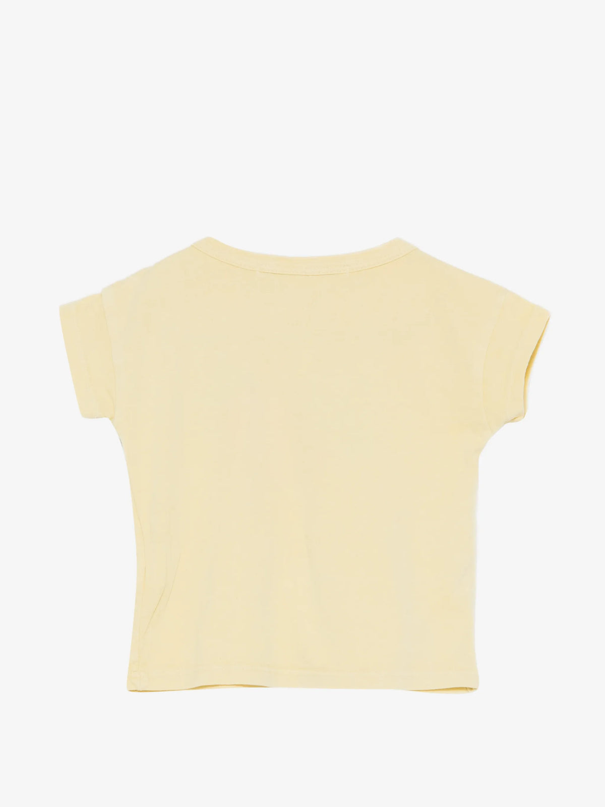 Light yellow, short-sleeved t-shirt appears to resemble the Bobo Choses Curious Turnip T-shirt, featuring a simple round neckline and cuffed sleeves