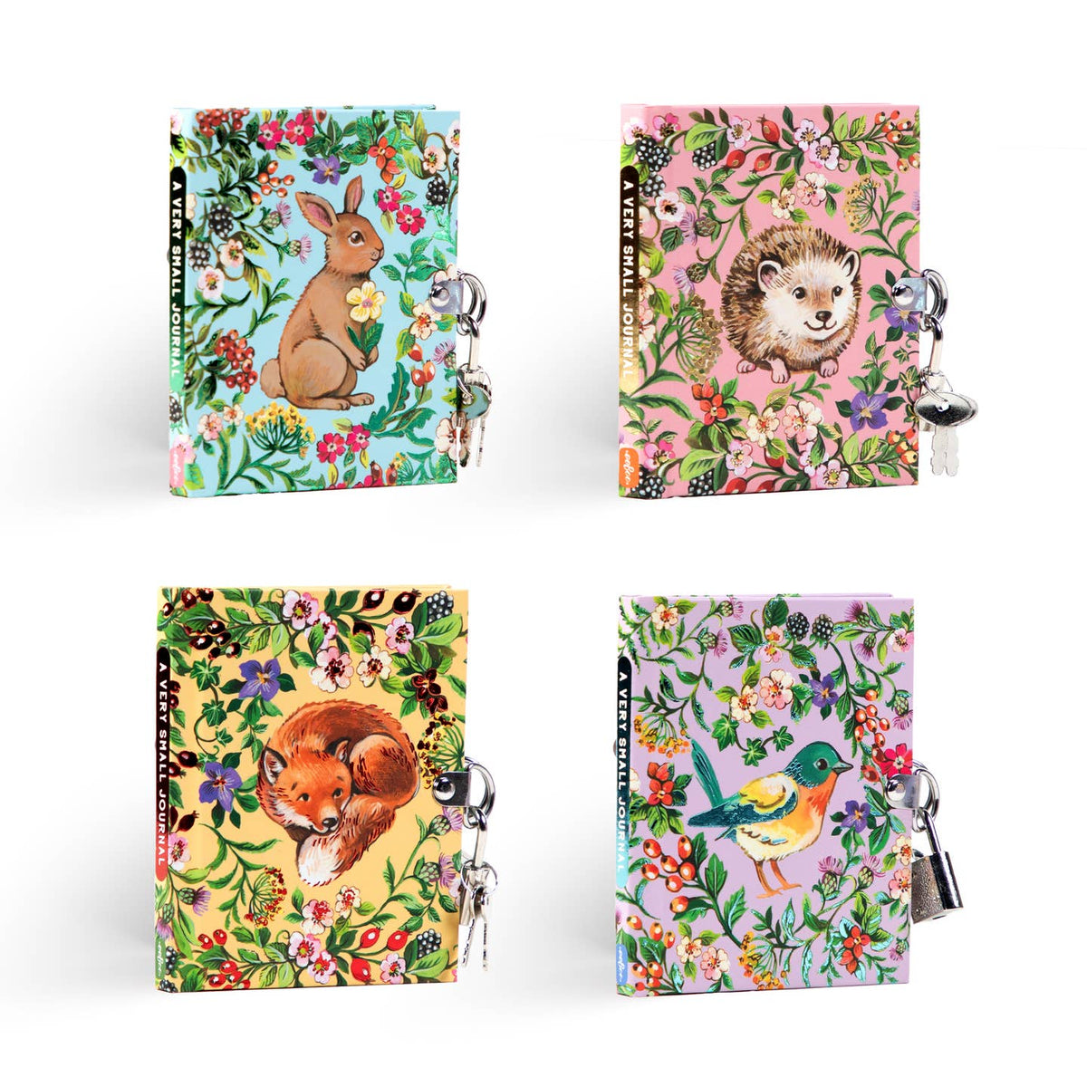 Four colorful notebooks with animal illustrations and keychains on a white background