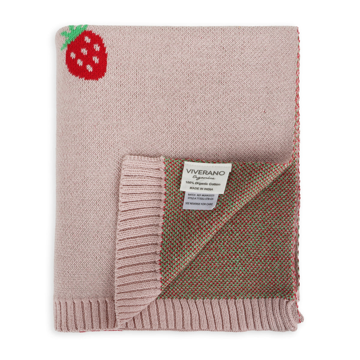 Folded pink baby blanket with a strawberry design and Viverano label on a white background