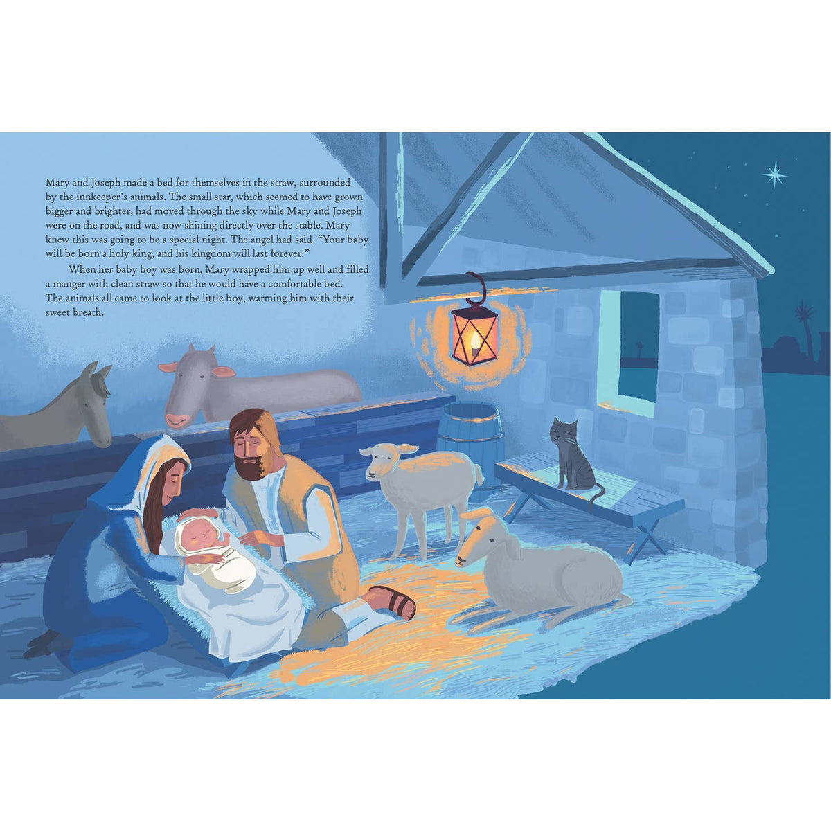 Illustration of a nativity scene with Mary, Joseph, and baby Jesus in a stable.