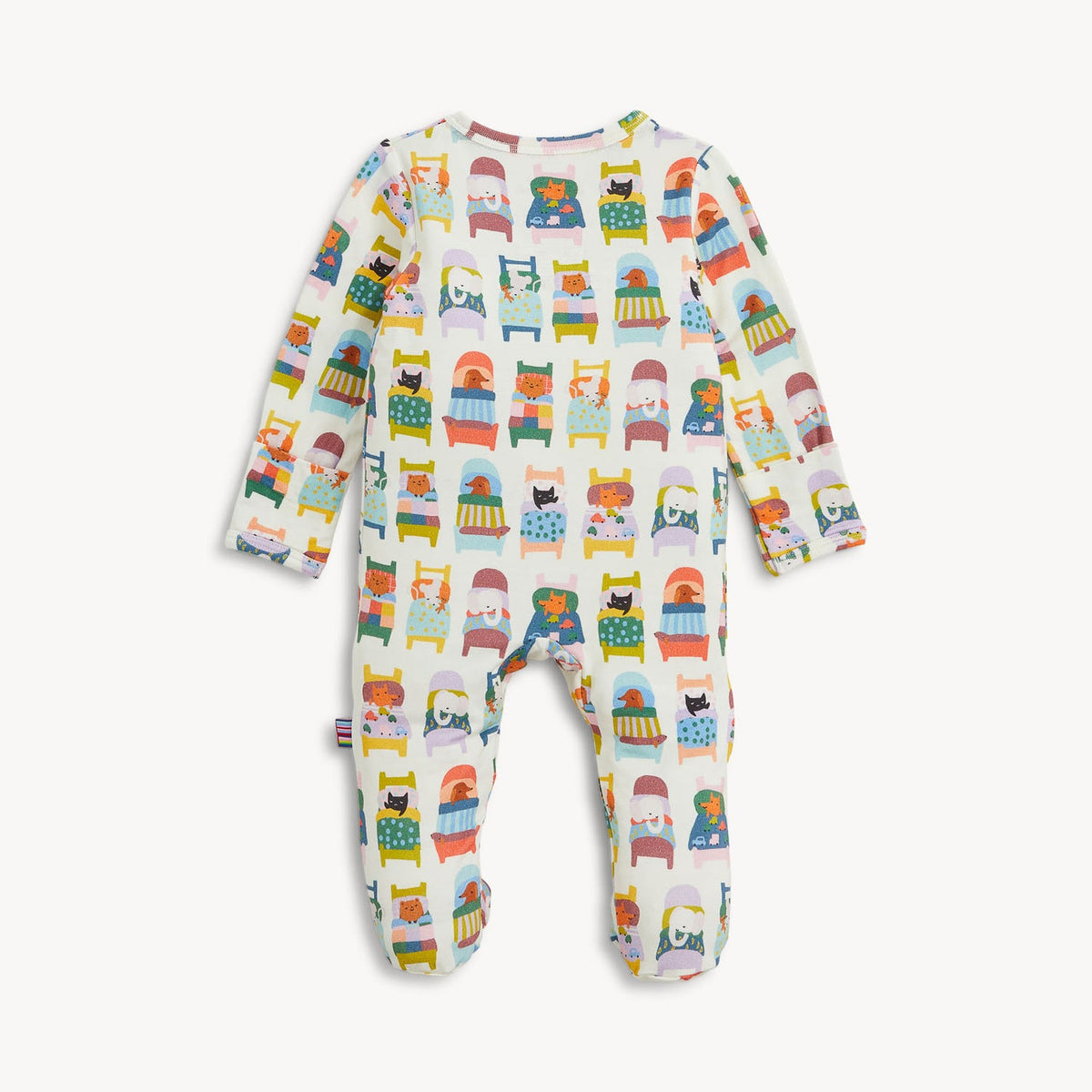 A long-sleeve footed sleeper for babies, featuring a colorful cartoon cat pattern on a white background, shown flat against a light gray backdrop.