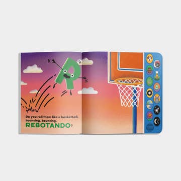 Open book with colorful illustrations of a green character and basketball hoop on a gradient background
