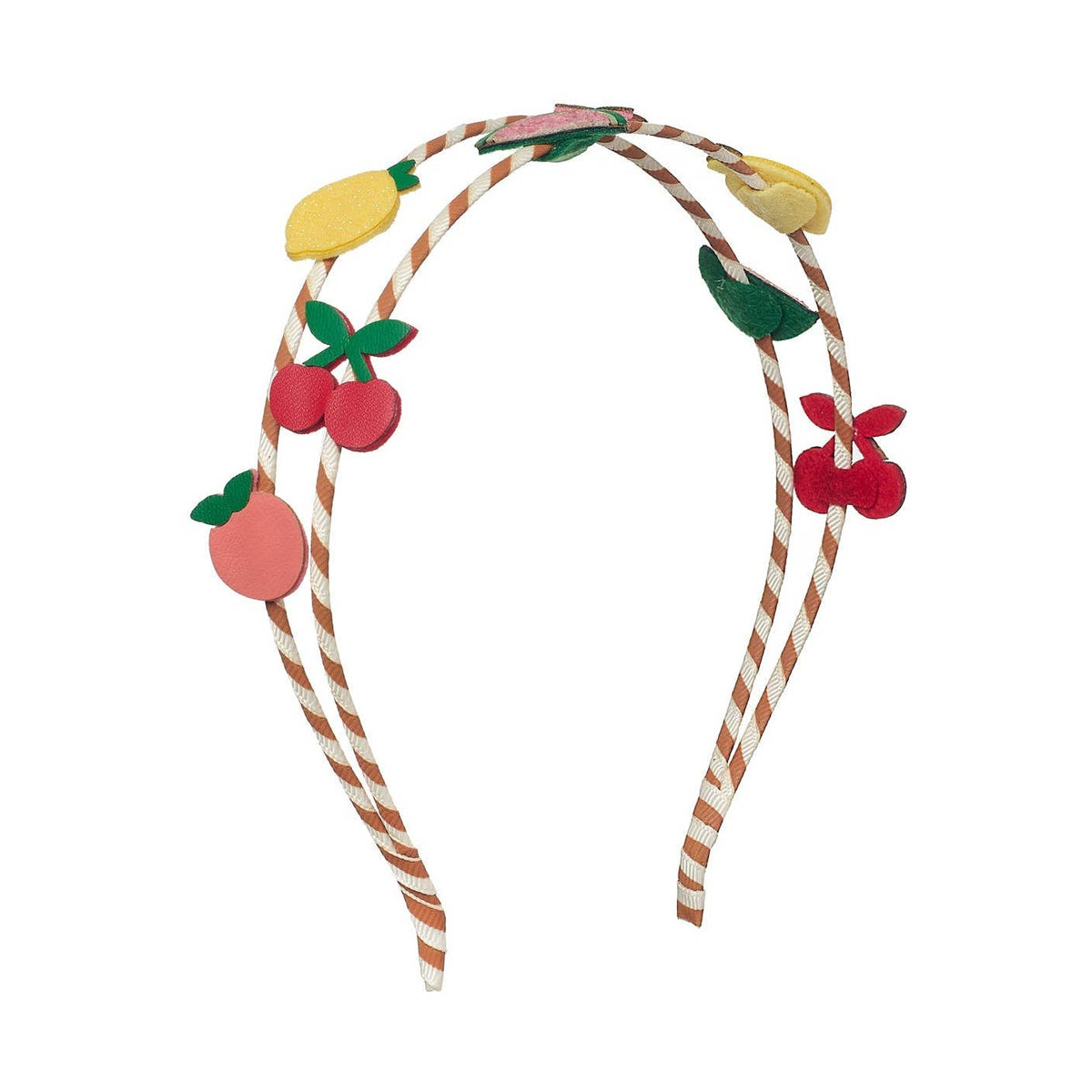 Fruit-themed headband with strawberries, lemons, and apples on a white background