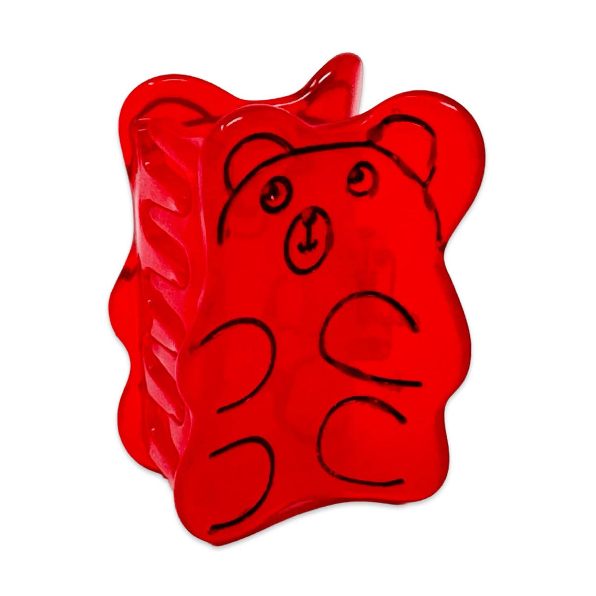 Red gummy bear-shaped container on a white background