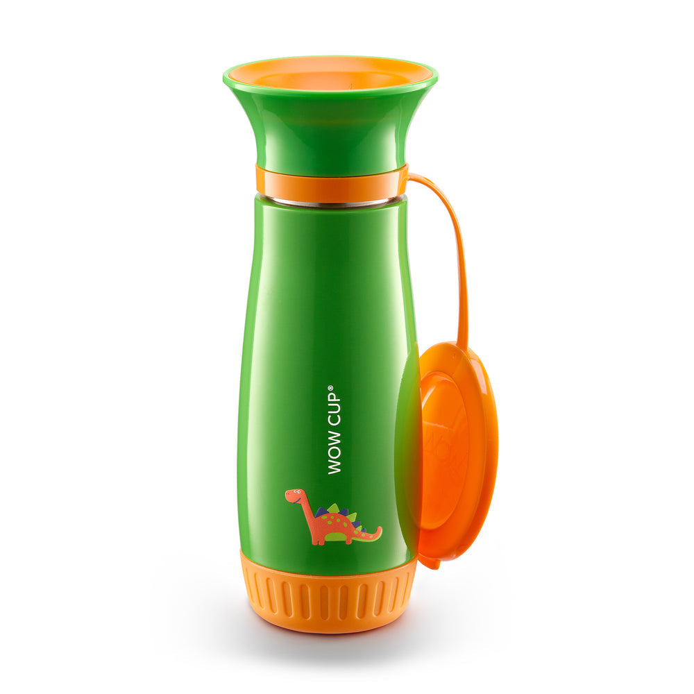 A green and orange Wow Cup water bottle with a dinosaur graphic on the front, shown on a clean white background.