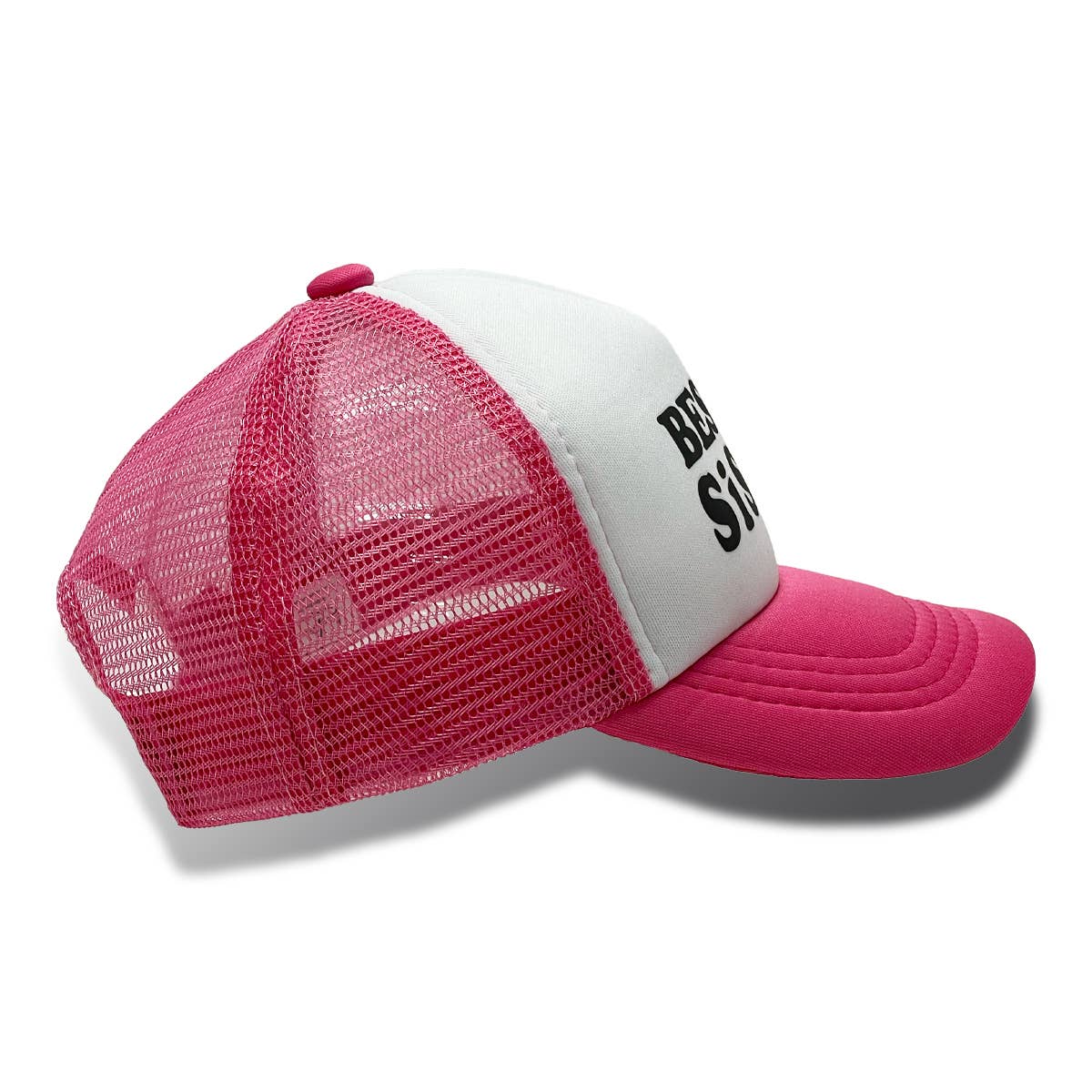 Pink and white cap with mesh design on a white background