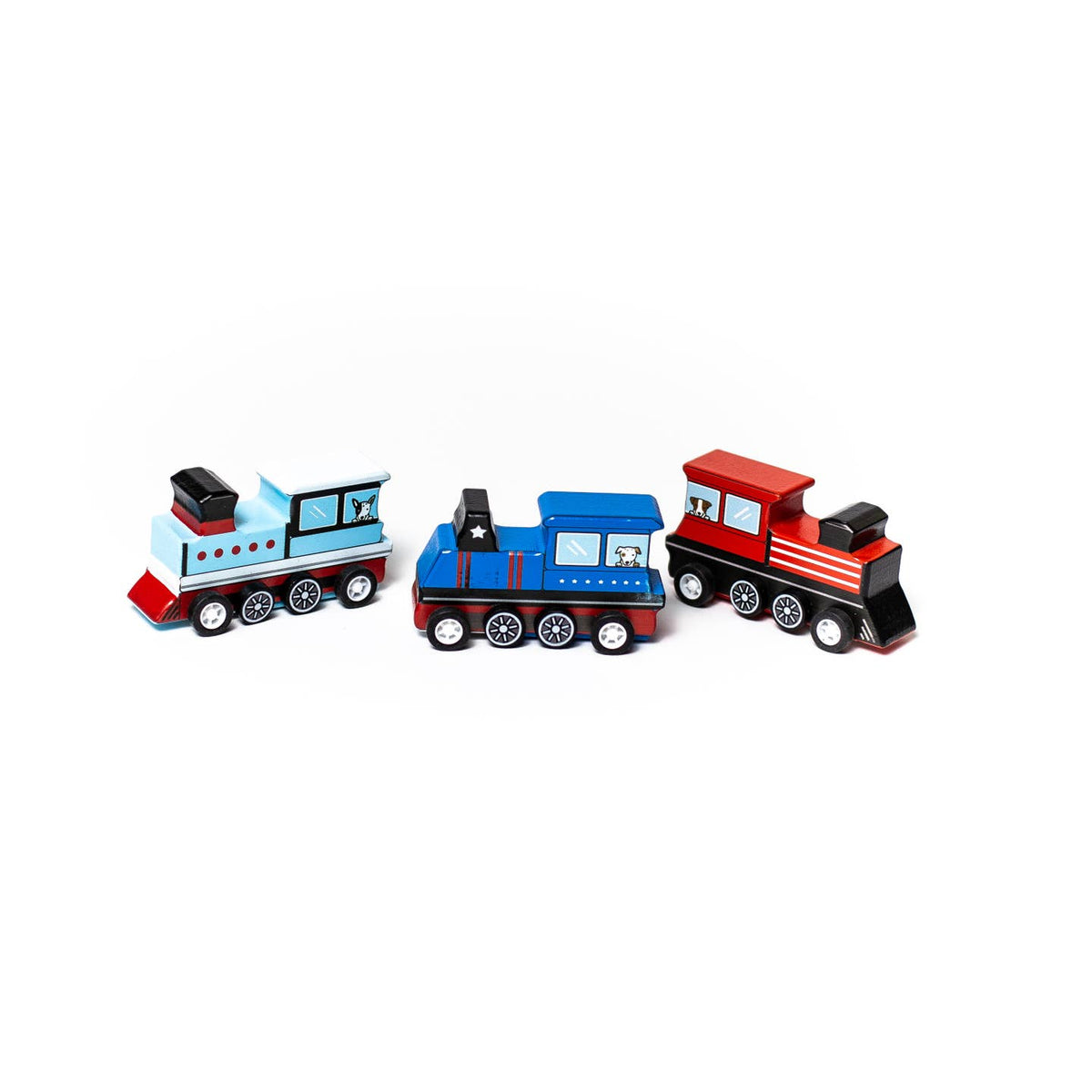 Three toy train engines on a white background
