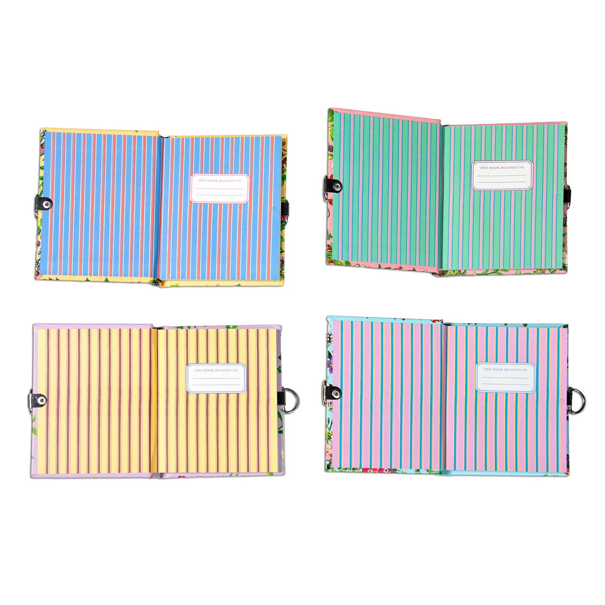 Four colorful notebooks with striped patterns on a white background