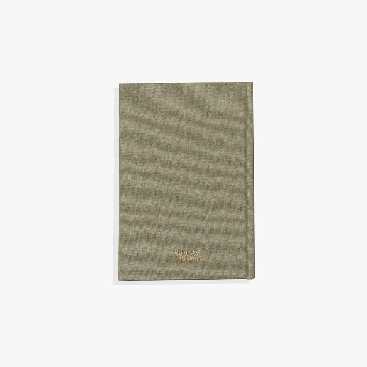 Green notebook with a brand logo on a white background