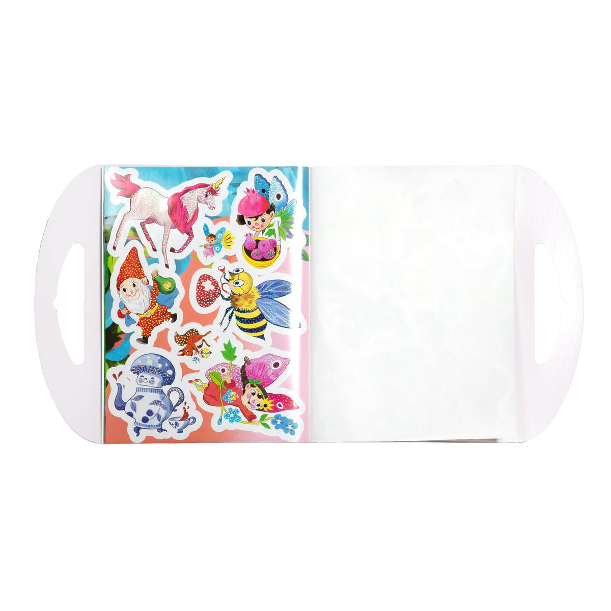Children's sticker book with colorful illustrations on a white background