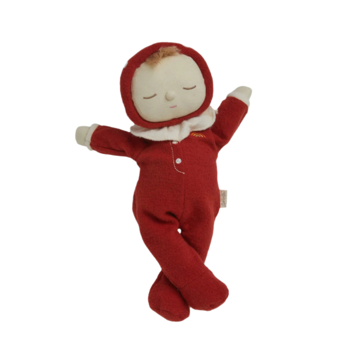 Stuffed doll in a red outfit with a white background