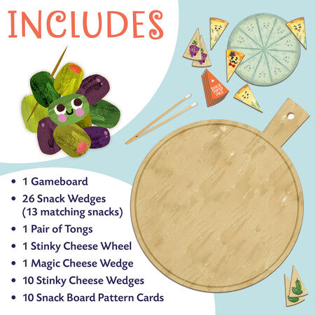 Gameboard with snack wedges, tongs, and cheese wheel on a light blue background