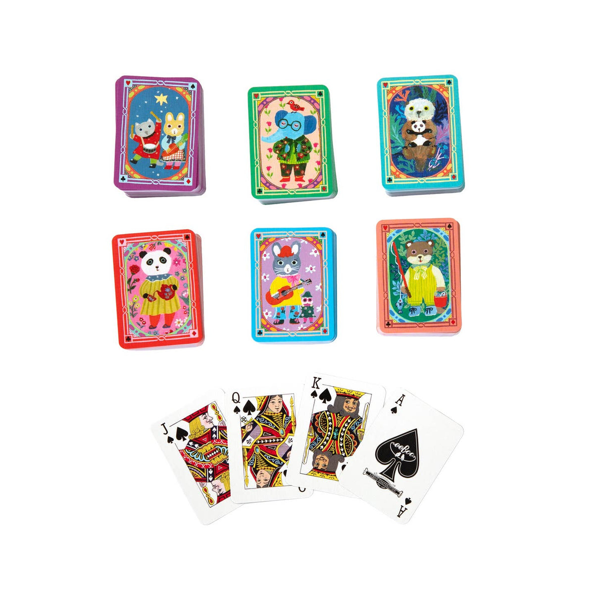 Set of playing cards with colorful illustrations on a white background