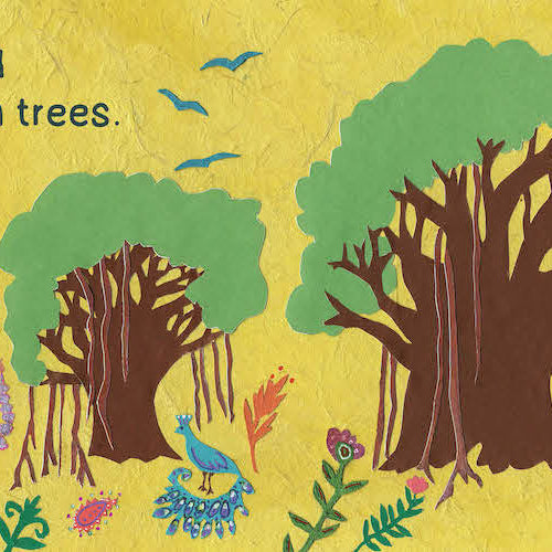 A colorful illustration from the book A Walk In The Forest showing a landscape with two children walking near gnarled banyan trees, an elephant, birds, and flowers, accompanied by the text: "2 gnarled Banyan trees."