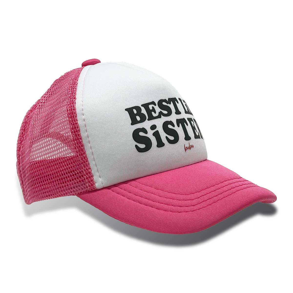 Pink and white cap with 'Best Sister' text on a white background