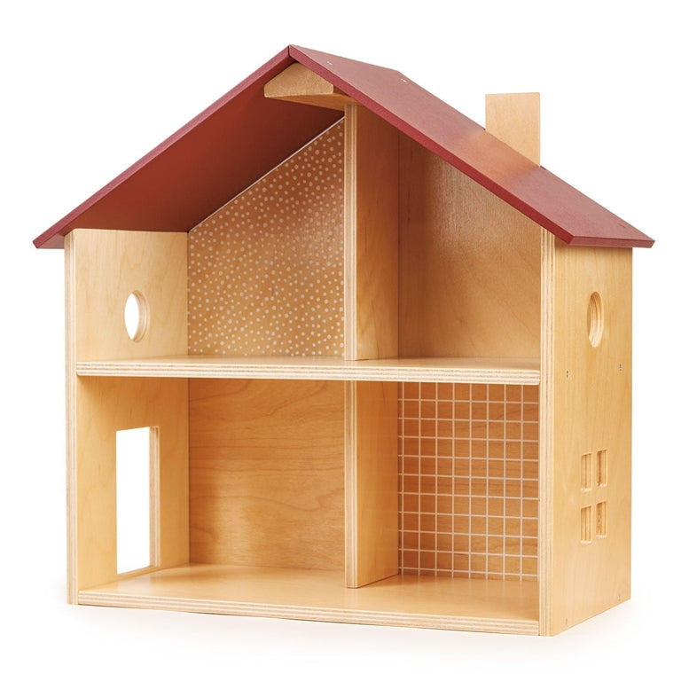 An open-faced wooden dollhouse by Mentari with a red roof, natural wood frame, and detailed interior rooms featuring patterned walls, windows, and cut-out doorways.