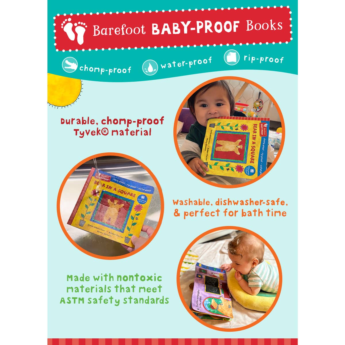 Book cover of Barefoot Baby-Proof Books with images of children and books on a light blue background.