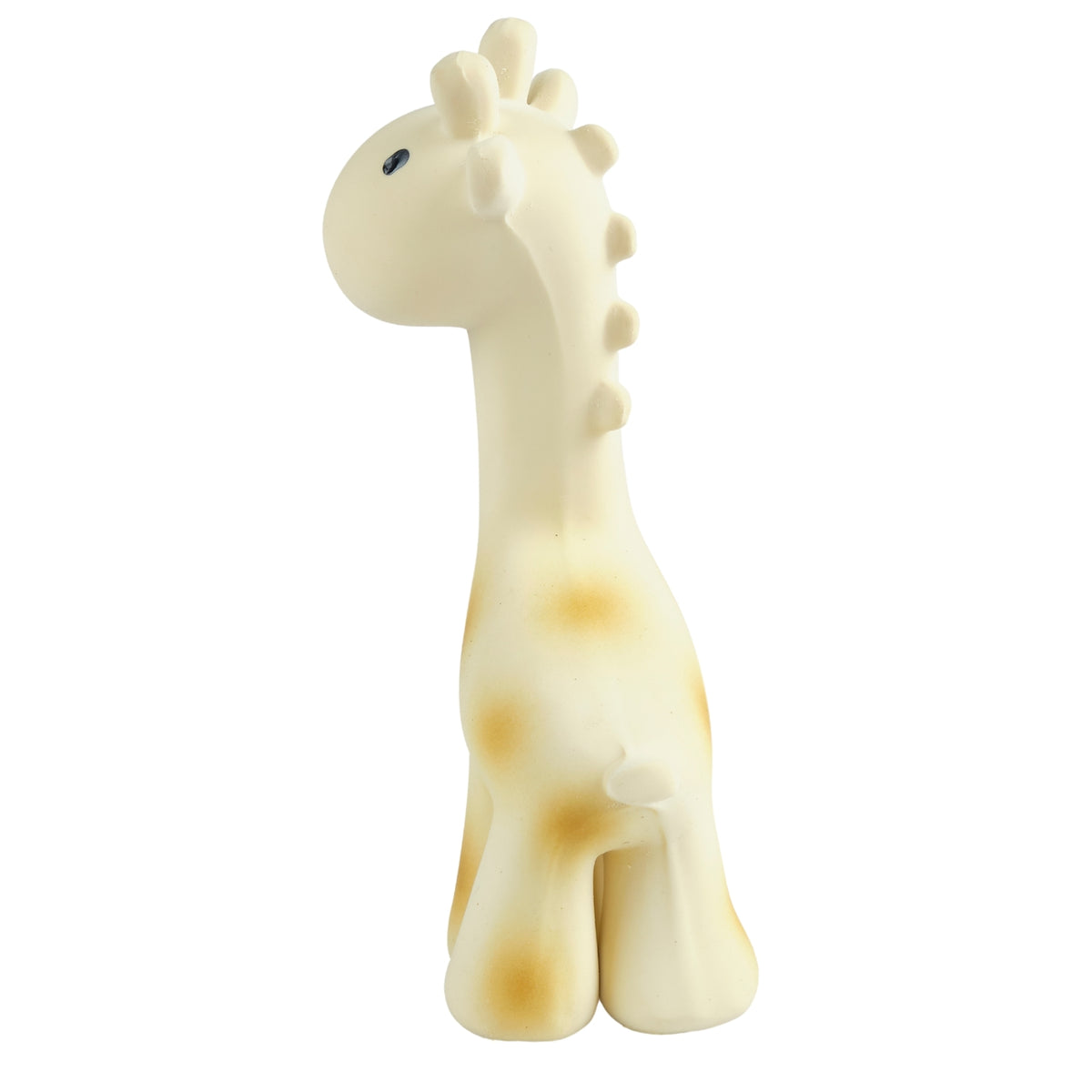 A cute, stylized giraffe-shaped baby teething toy or stress relief toy in a warm cream color with light brown spots, shown against a plain white background.