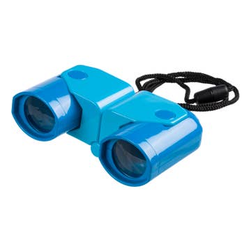 Blue binoculars with a black lanyard on a white background