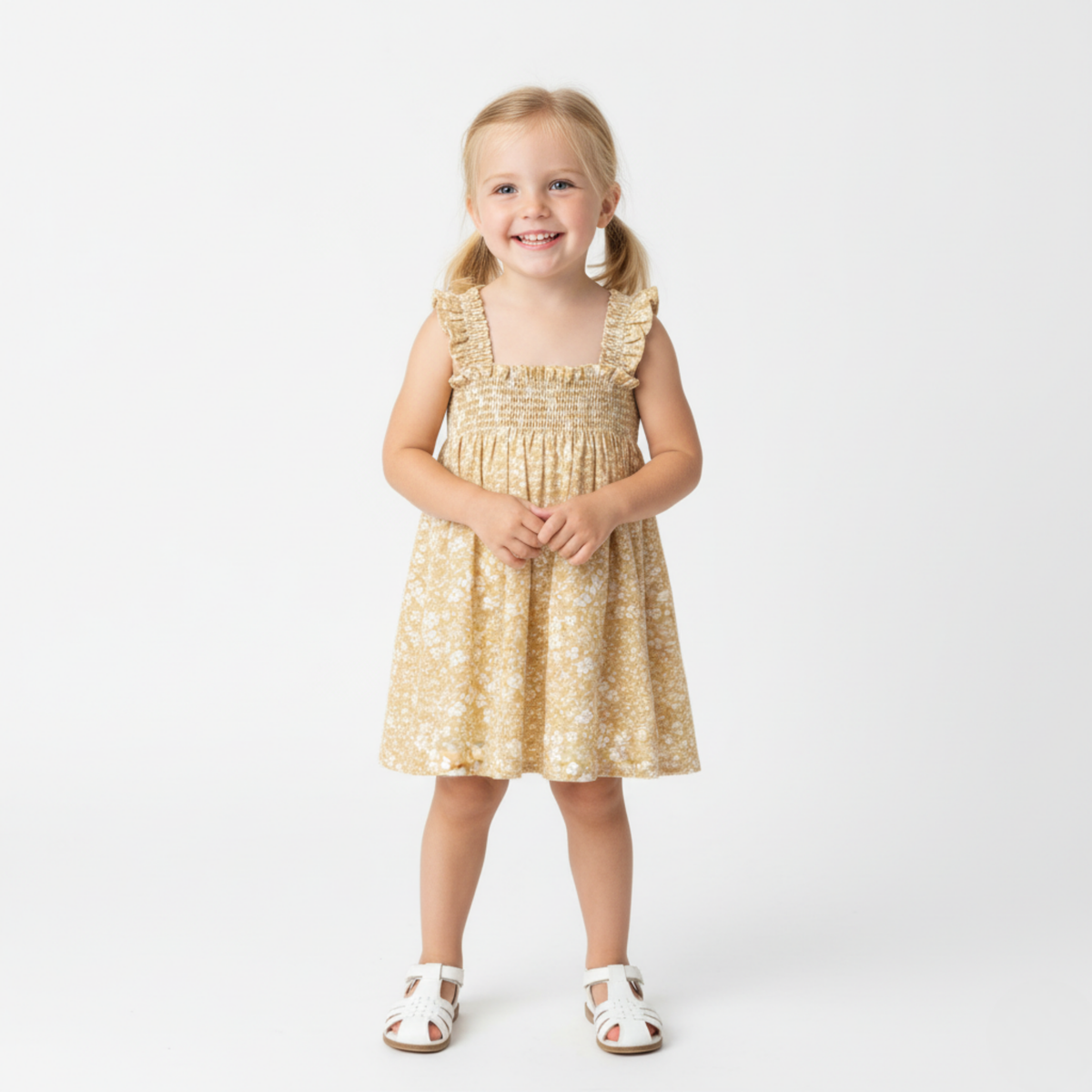 Young girl wearing a yellow floral dress on a white background