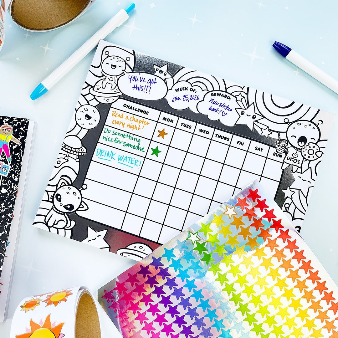 Coloring chart with cartoon designs on a light blue background, surrounded by markers and star-shaped stickers.