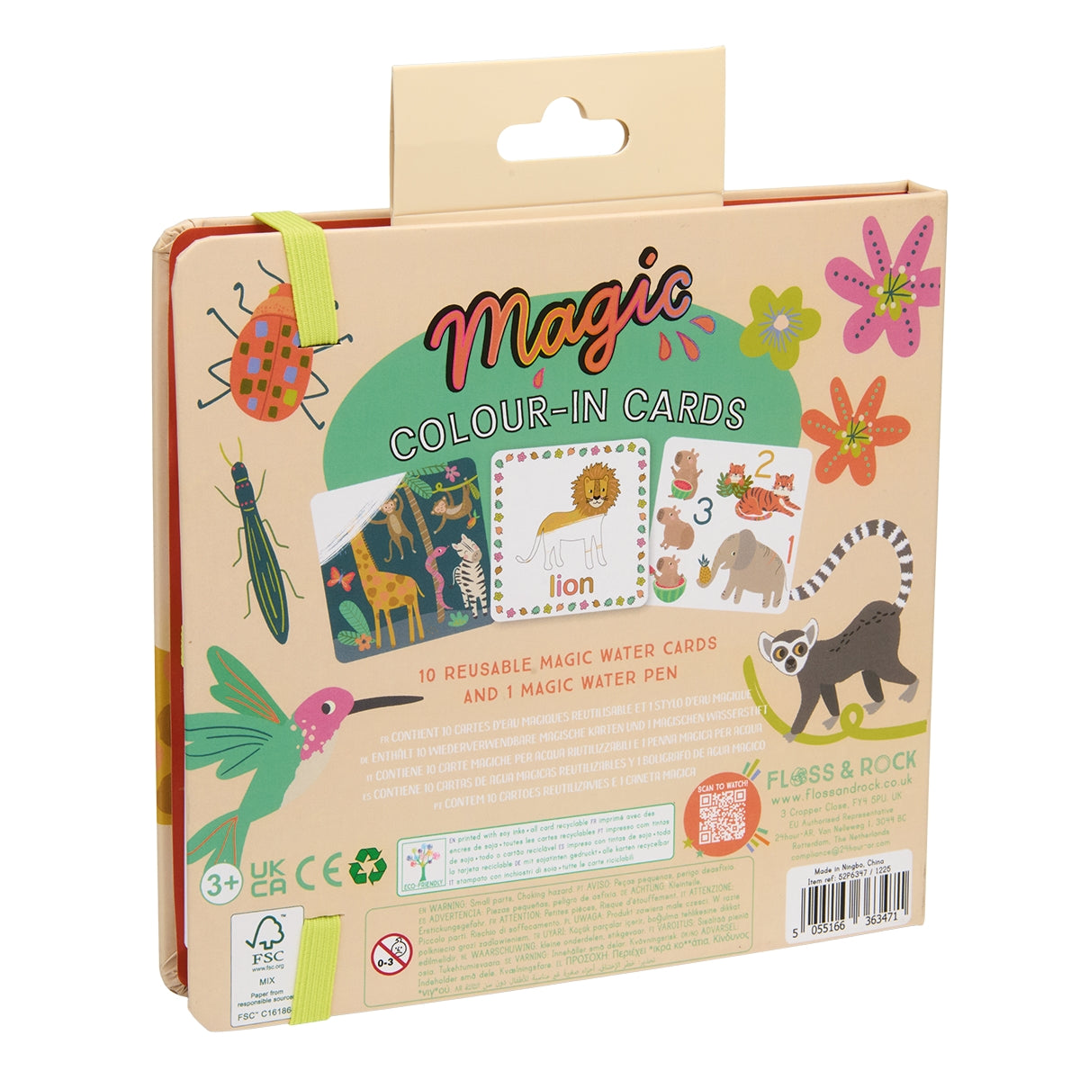 Packaging of Magic Colour-In Cards with illustrations and text on a beige background
