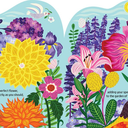 Colorful illustration of flowers with text on a blue background