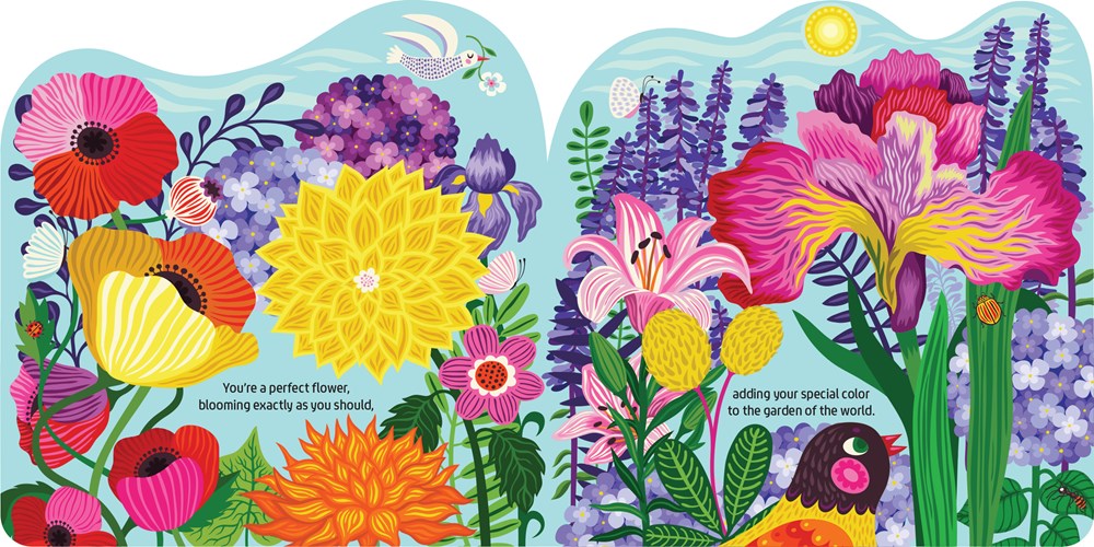Colorful illustration of flowers with text on a blue background