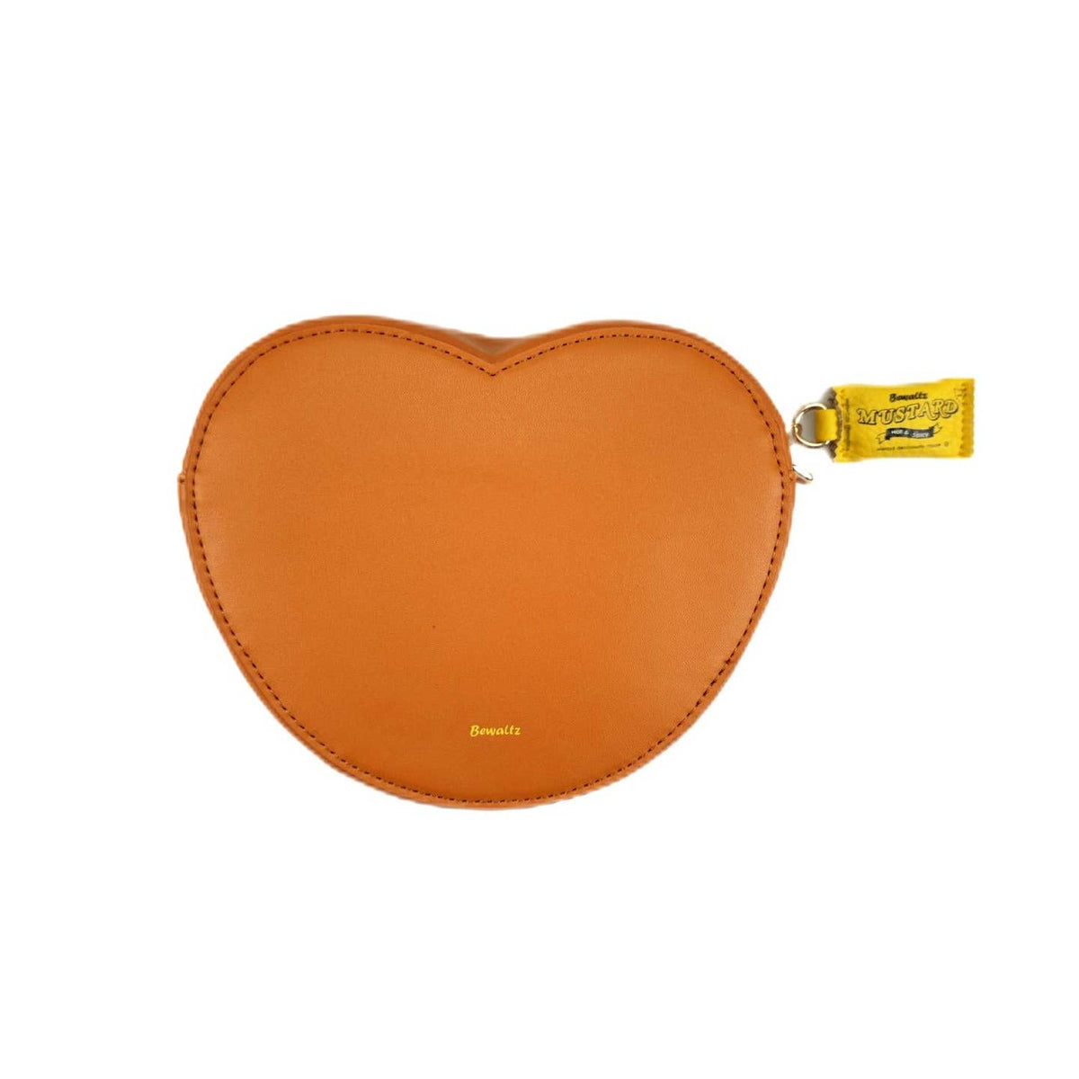 Heart-shaped orange pouch with a yellow zipper on a white background