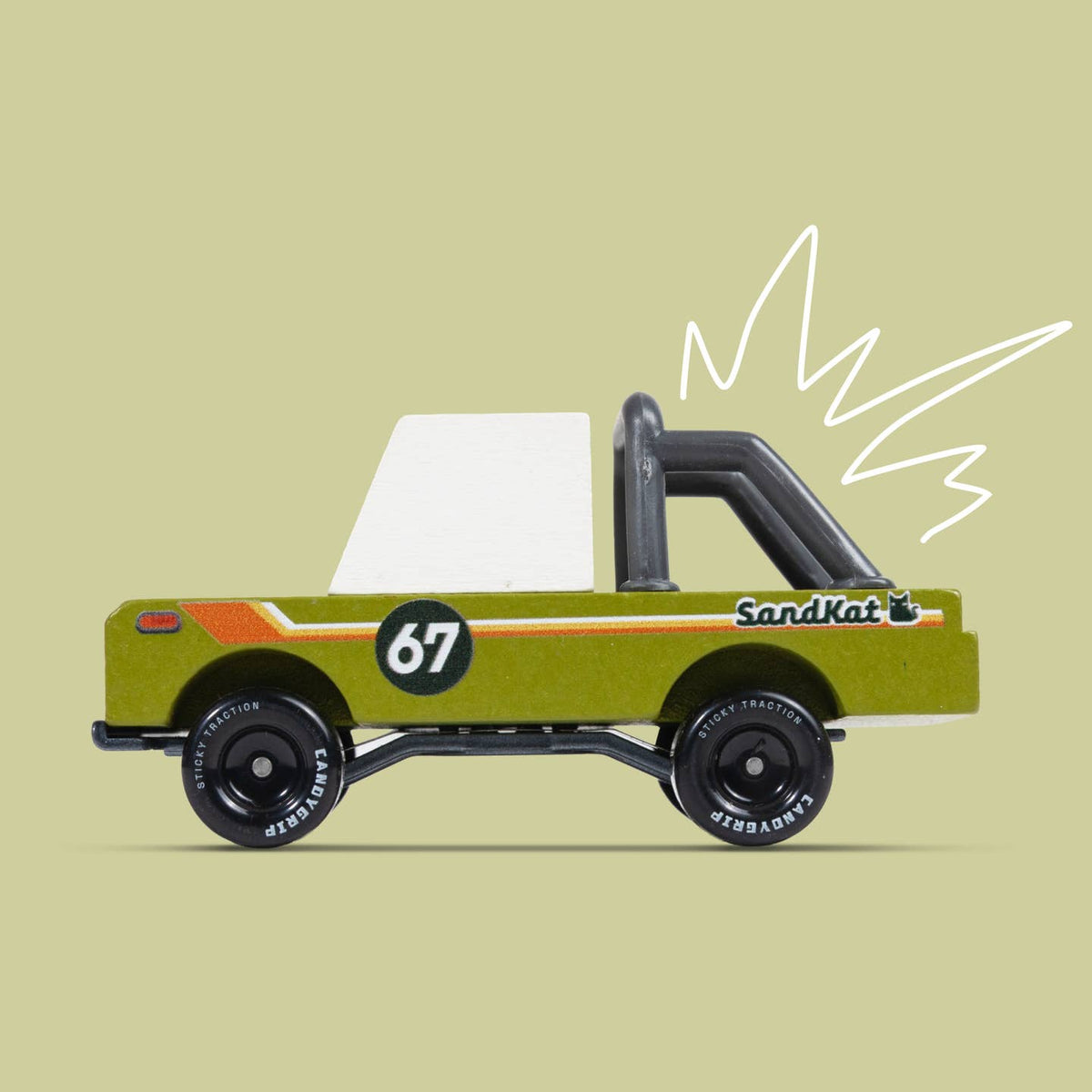 Toy truck with '67' and 'SandKat' branding on a beige background