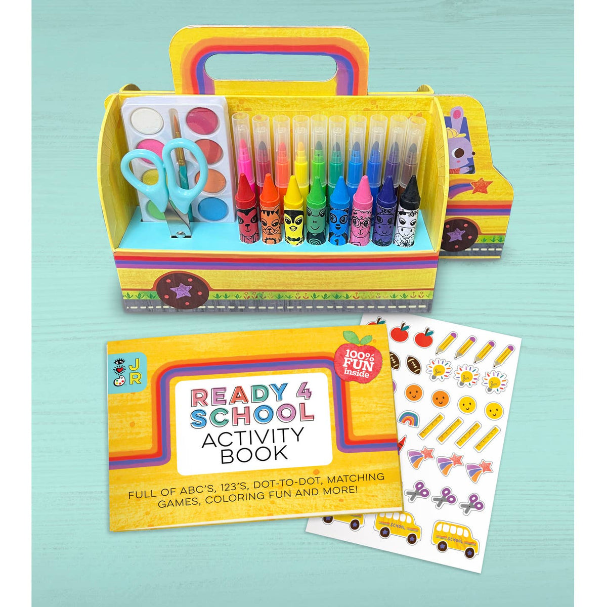 Colorful school supplies set with activity book and stickers on a light blue background